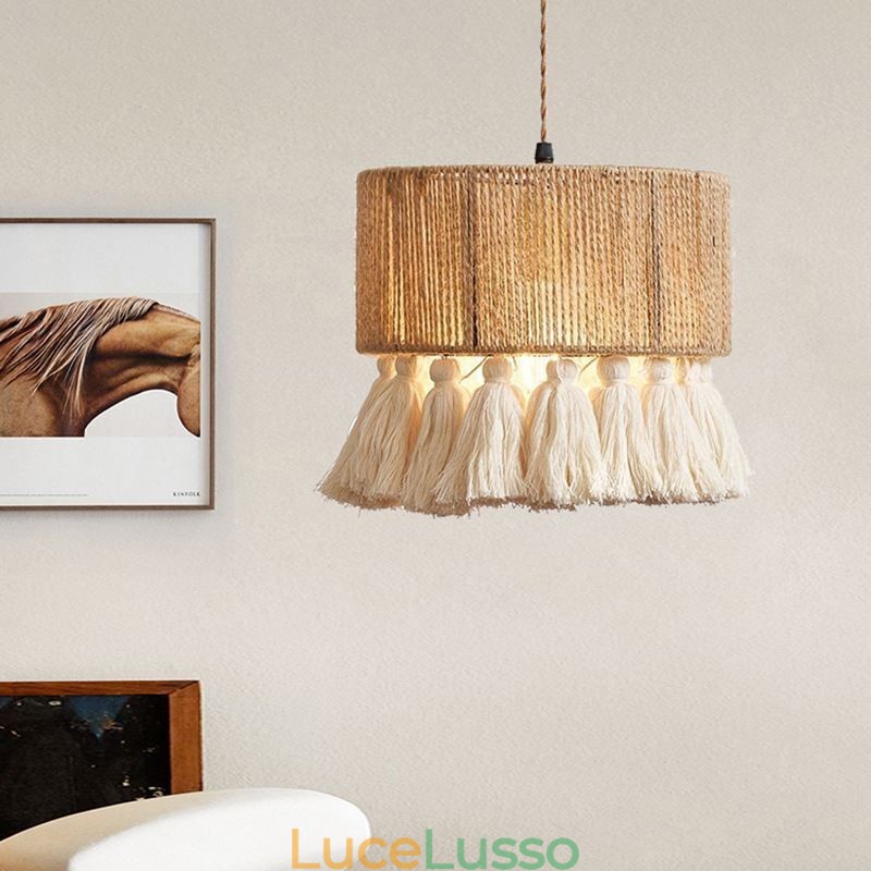 Lampada a sospensione in corda di canapa, decorazione retrò, lampada da soffitto, paralume con nappa