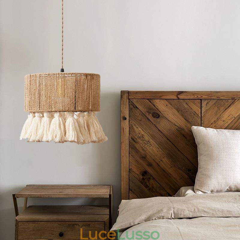 Lampada a sospensione in corda di canapa, decorazione retrò, lampada da soffitto, paralume con nappa