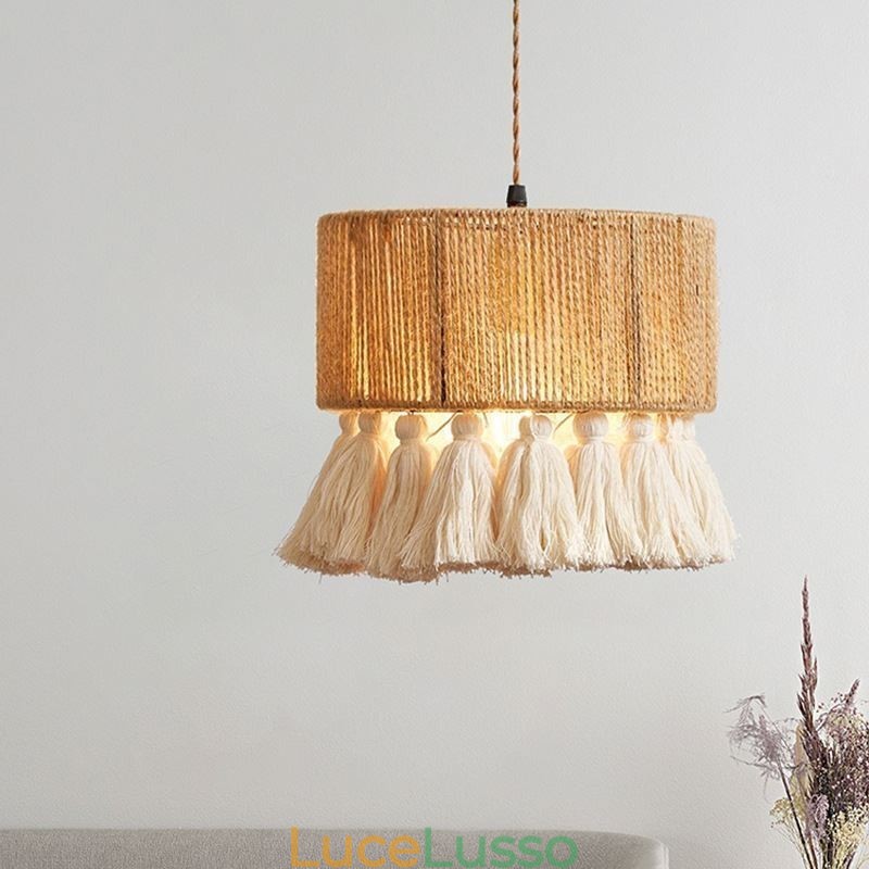 Lampada a sospensione in corda di canapa, decorazione retrò, lampada da soffitto, paralume con nappa