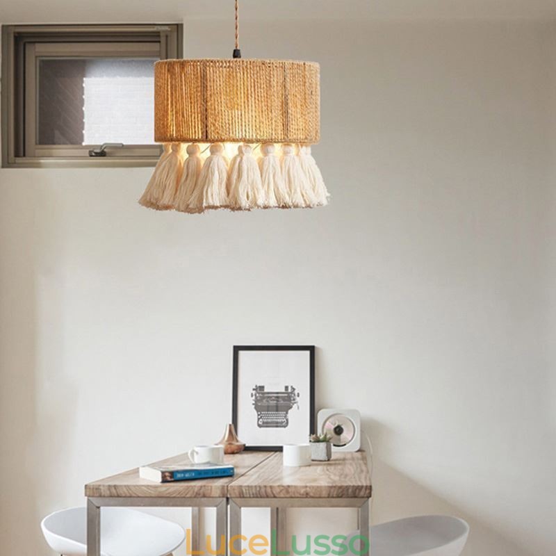Lampada a sospensione in corda di canapa, decorazione retrò, lampada da soffitto, paralume con nappa