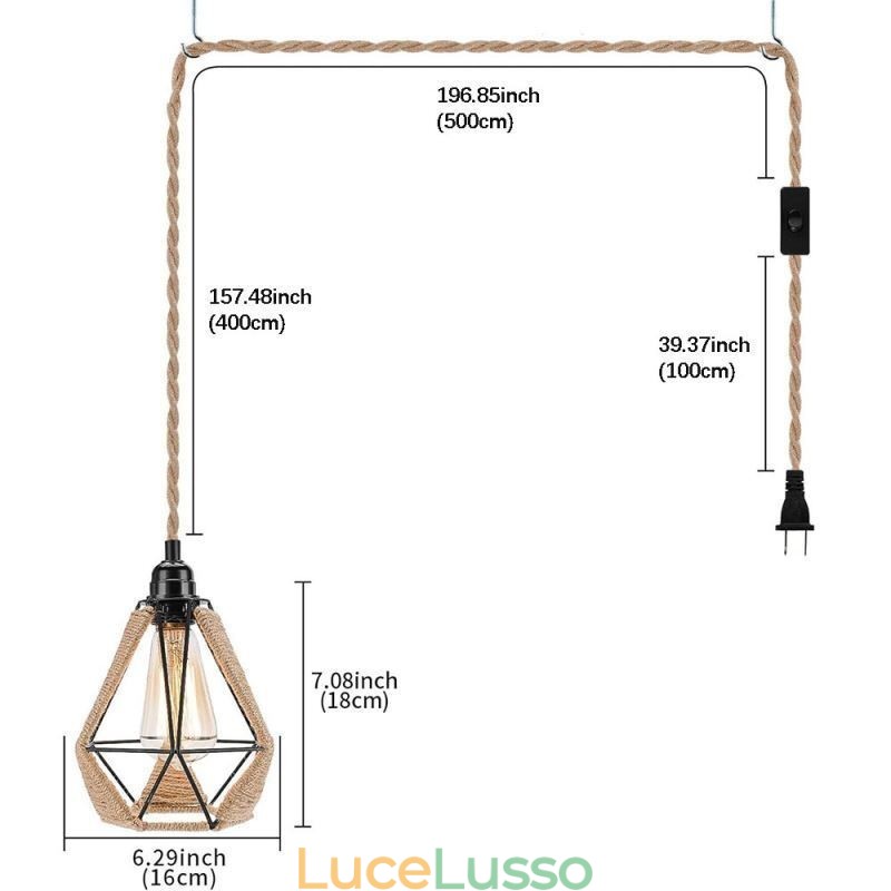 Lampada a sospensione retrò in corda di canapa, lampada da soffitto, filo di sospensione da 5 m