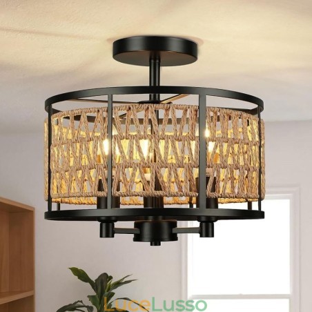 Lampada da soffitto retrò in ferro nero con corda di carta, 3 luci Lampada da soffitto retrò in ferro nero con corda di carta, 3 luci