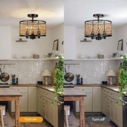 Lampada da soffitto retrò in ferro nero con corda di carta, 3 luci