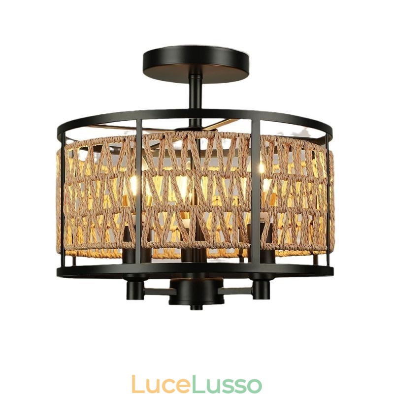 Lampada da soffitto retrò in ferro nero con corda di carta, 3 luci