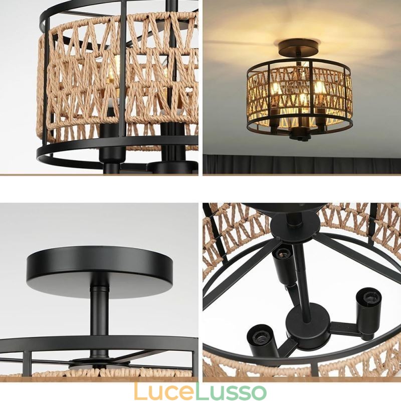 Lampada da soffitto retrò in ferro nero con corda di carta, 3 luci