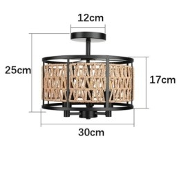 Lampada da soffitto retrò in ferro nero con corda di carta, 3 luci