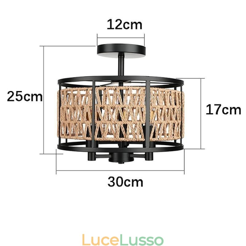 Lampada da soffitto retrò in ferro nero con corda di carta, 3 luci