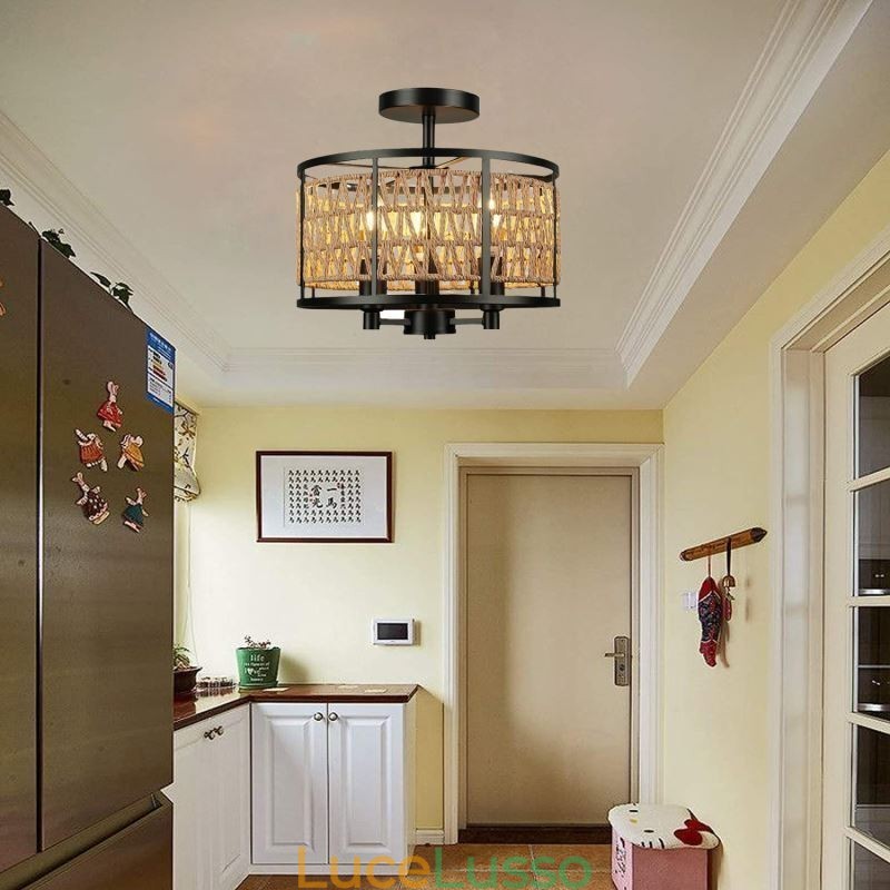 Lampada da soffitto retrò in ferro nero con corda di carta, 3 luci