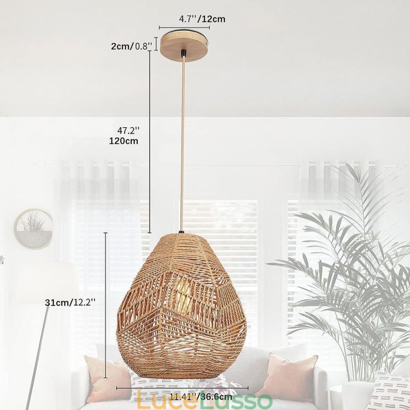 Lampada da soffitto retrò nordica con paralume in corda di carta naturale intrecciata a mano