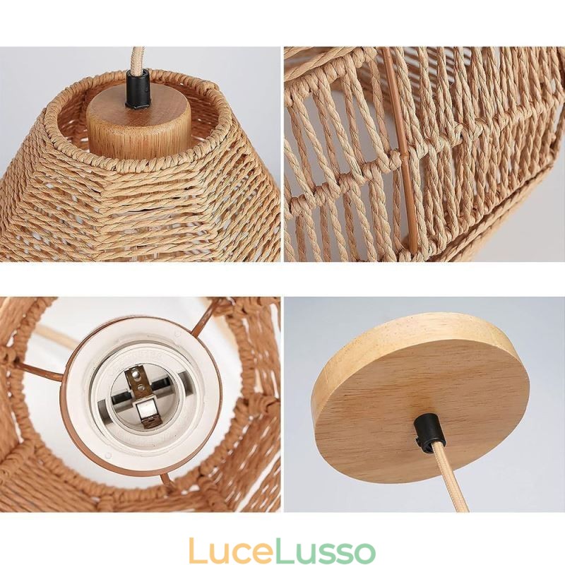 Lampada da soffitto retrò nordica con paralume in corda di carta naturale intrecciata a mano