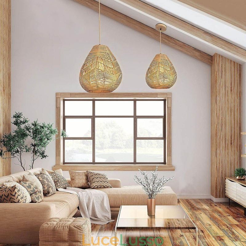 Lampada da soffitto retrò nordica con paralume in corda di carta naturale intrecciata a mano