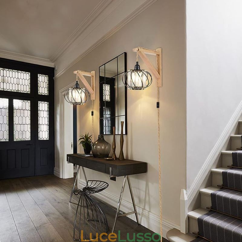 Lampada da soffitto retrò in stile country, con corda di canapa, lampada da comodino in ferro con spina
