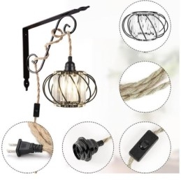 Lampada da soffitto retrò in stile country, con corda di canapa, lampada da comodino in ferro con spina