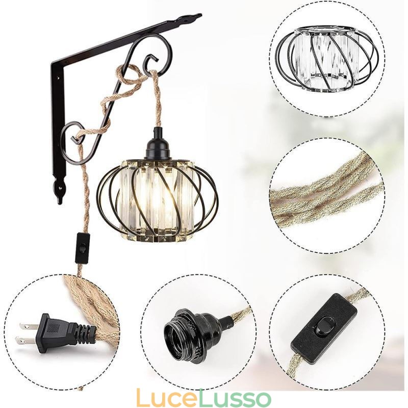 Lampada da soffitto retrò in stile country, con corda di canapa, lampada da comodino in ferro con spina