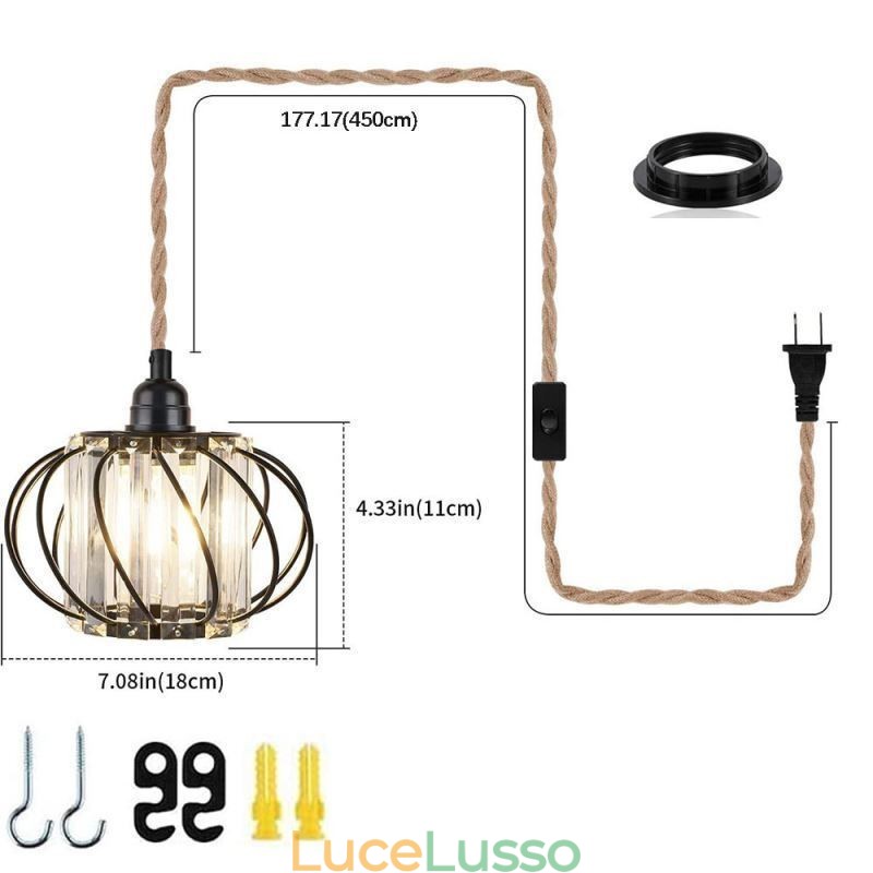 Lampada da soffitto retrò in stile country, con corda di canapa, lampada da comodino in ferro con spina