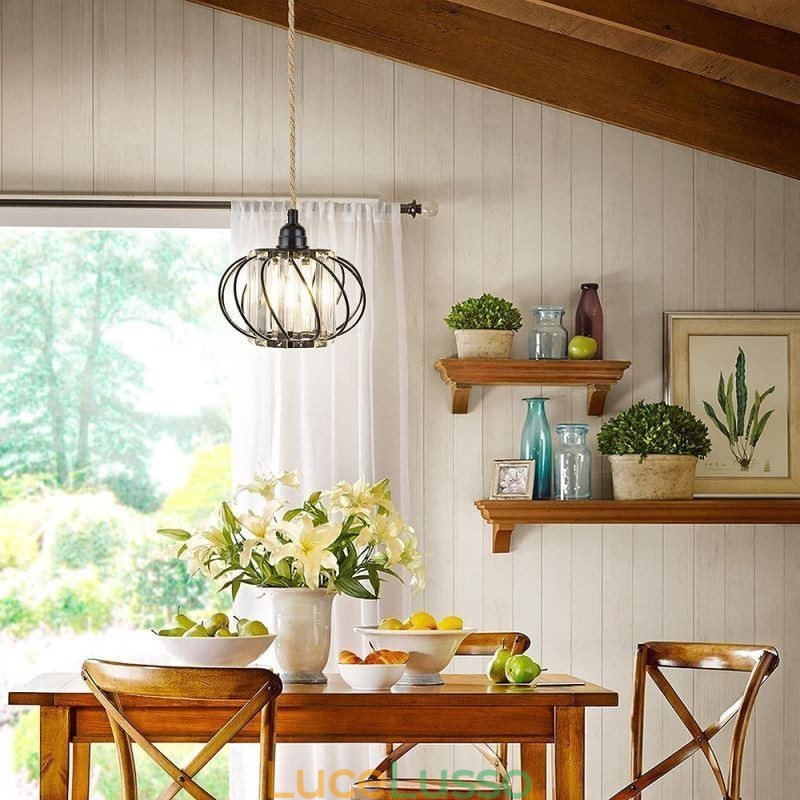 Lampada da soffitto retrò in stile country, con corda di canapa, lampada da comodino in ferro con spina