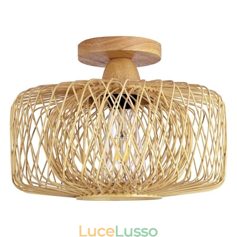 Lampada da soffitto retrò a doppio strato con paralume in bambù intrecciato a mano