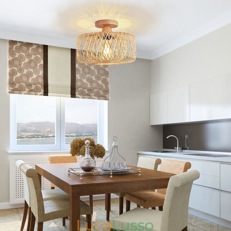 Lampada da soffitto retrò a doppio strato con paralume in bambù intrecciato a mano