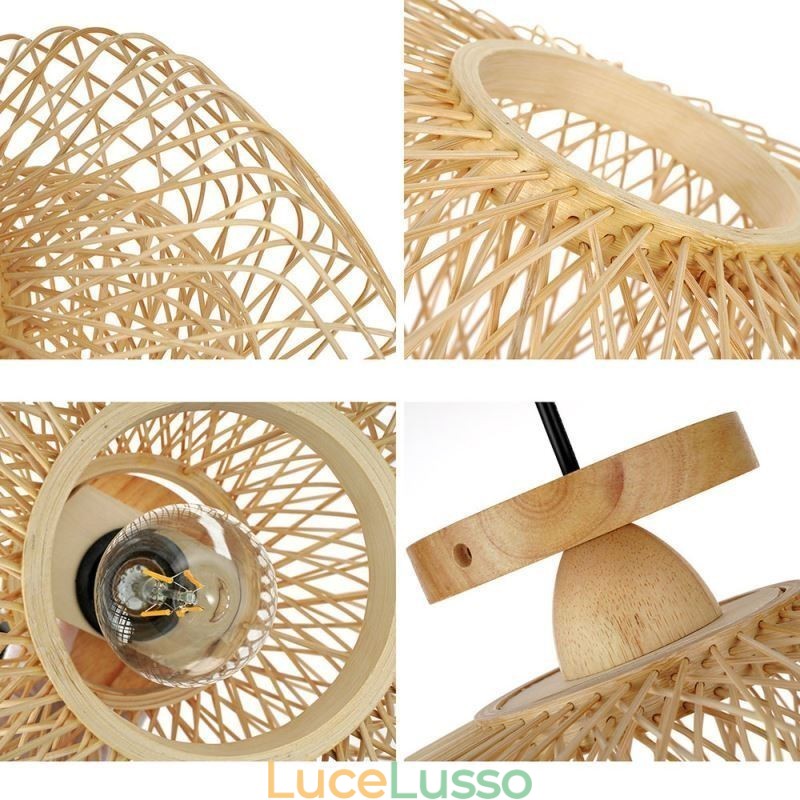 Lampada da soffitto retrò a doppio strato con paralume in bambù intrecciato a mano