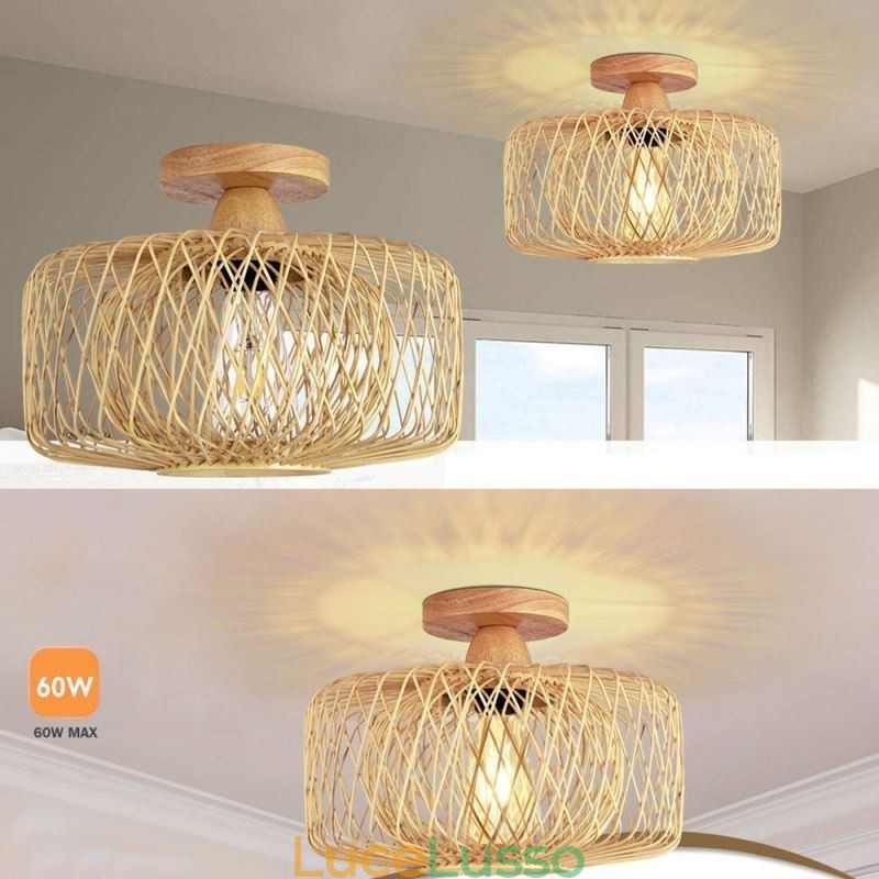 Lampada da soffitto retrò a doppio strato con paralume in bambù intrecciato a mano