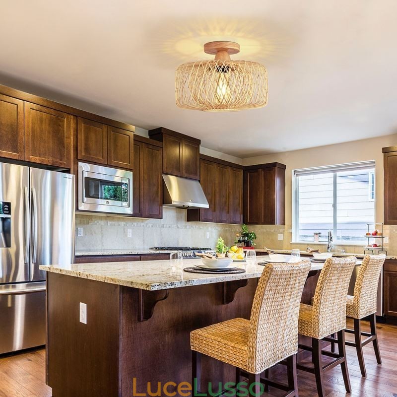 Lampada da soffitto retrò a doppio strato con paralume in bambù intrecciato a mano