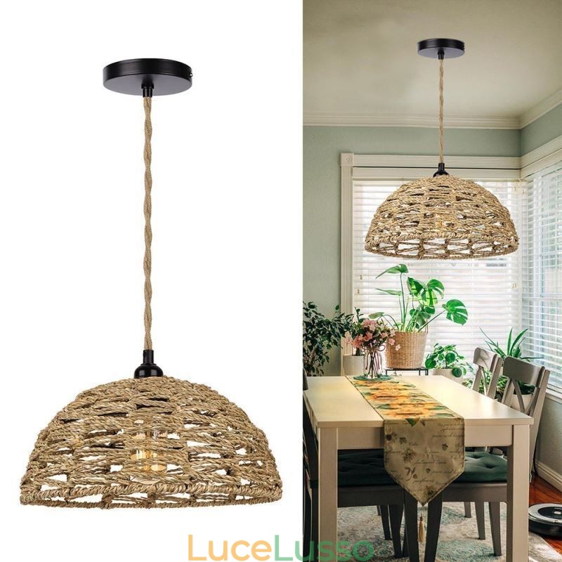 Lampada a sospensione retrò country in corda di carta intrecciata a mano, paralume da 30 cm