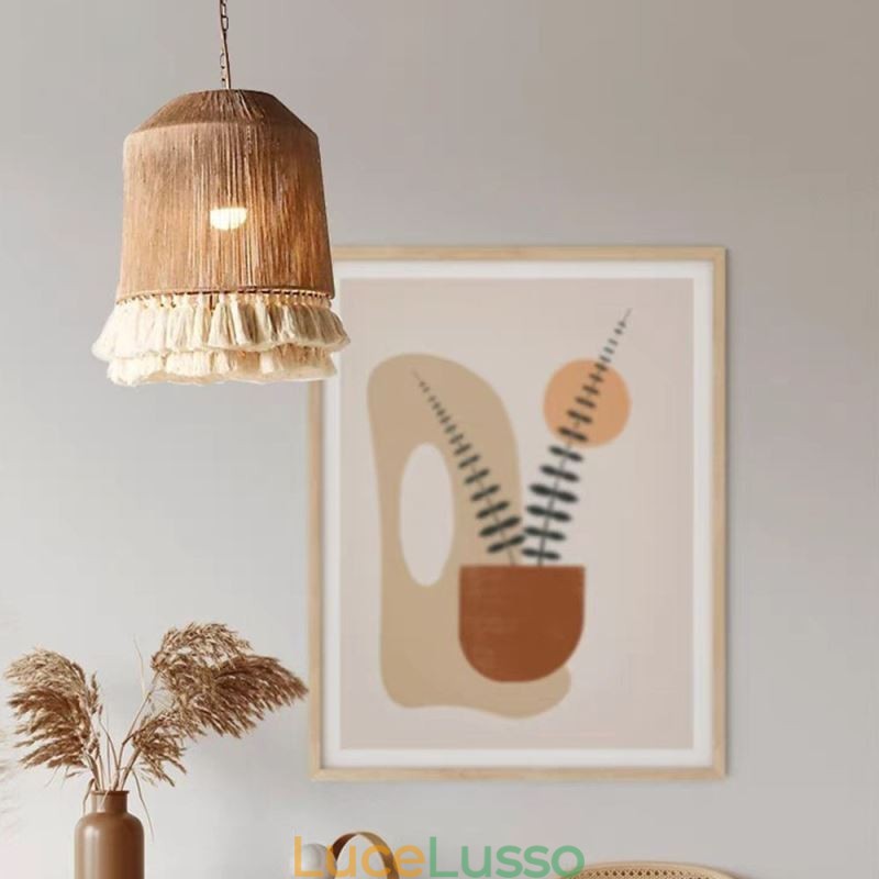 Lampada a sospensione rustica in stile bohémien, lampada da soffitto con nappe in corda di canapa