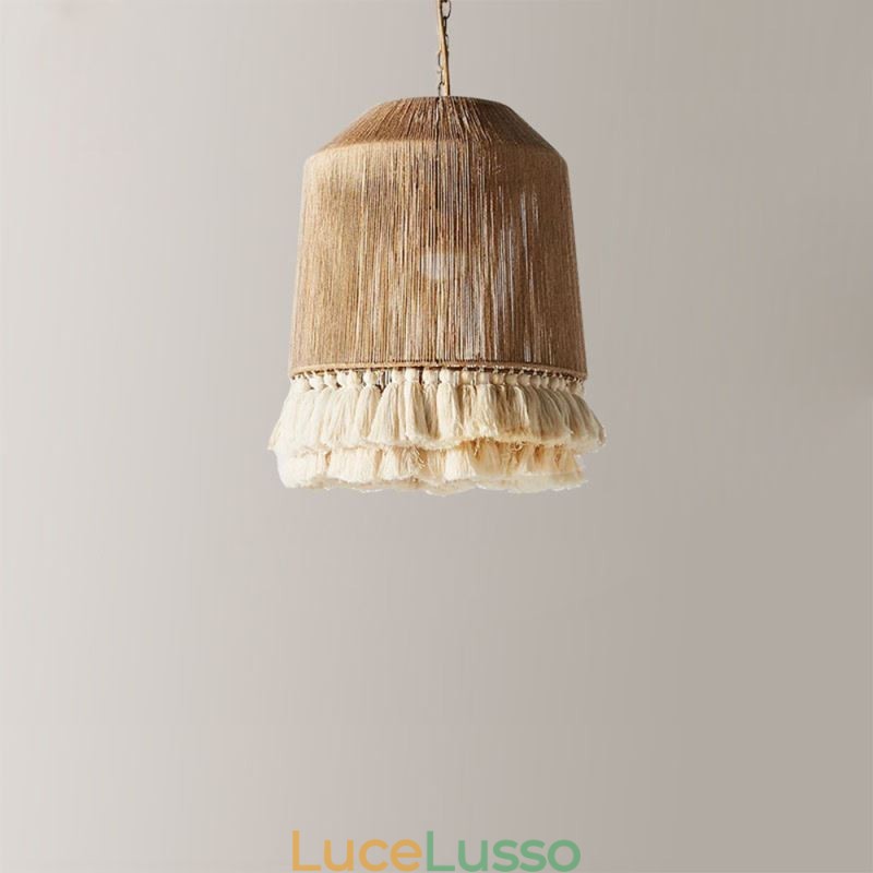 Lampada a sospensione rustica in stile bohémien, lampada da soffitto con nappe in corda di canapa