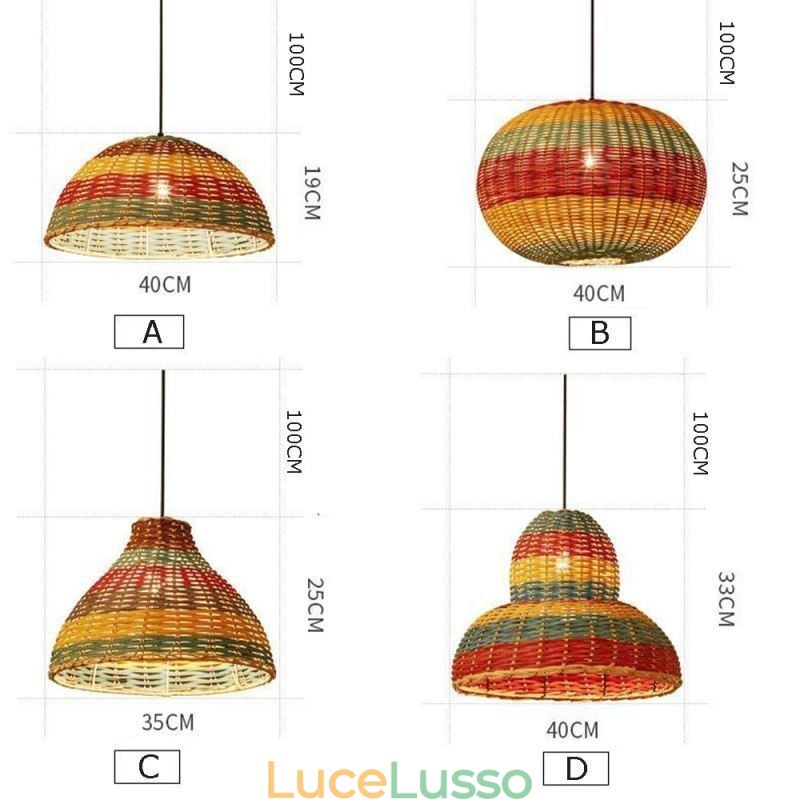 Lampada a sospensione in bambù e rattan con paralume intrecciato a mano a strisce colorate