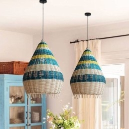 Lampada a sospensione in bambù e rattan con paralume intrecciato a mano a strisce