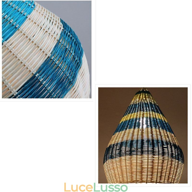 Lampada a sospensione in bambù e rattan con paralume intrecciato a mano a strisce