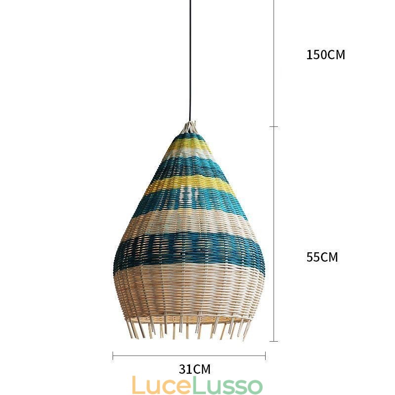 Lampada a sospensione in bambù e rattan con paralume intrecciato a mano a strisce