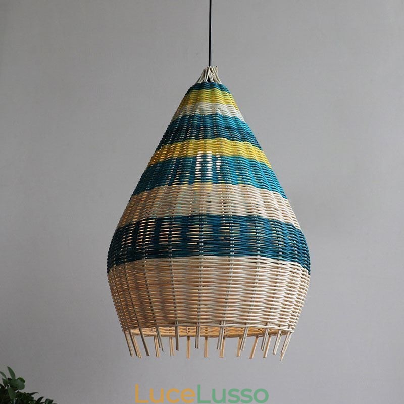 Lampada a sospensione in bambù e rattan con paralume intrecciato a mano a strisce