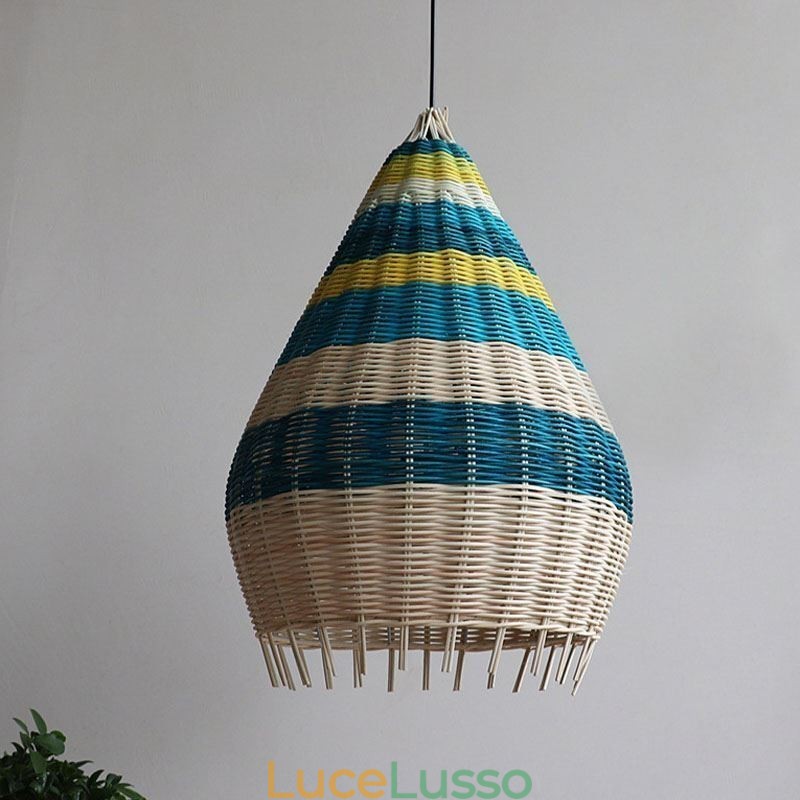 Lampada a sospensione in bambù e rattan con paralume intrecciato a mano a strisce