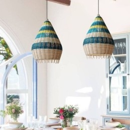 Lampada a sospensione in bambù e rattan con paralume intrecciato a mano a strisce