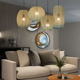 Lampada a sospensione in corda di carta, stile country retrò, lampada da soffitto blu sfumato