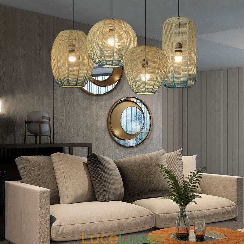 Lampada a sospensione in corda di carta, stile country retrò, lampada da soffitto blu sfumato