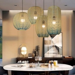Lampada a sospensione in corda di carta, stile country retrò, lampada da soffitto blu sfumato