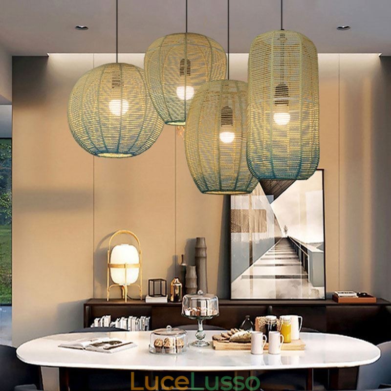 Lampada a sospensione in corda di carta, stile country retrò, lampada da soffitto blu sfumato