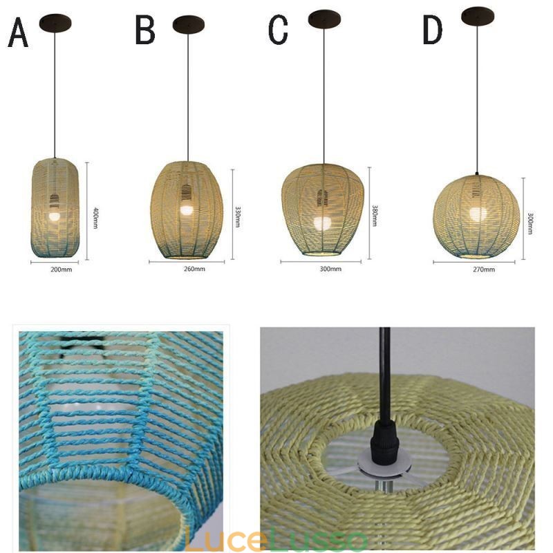 Lampada a sospensione in corda di carta, stile country retrò, lampada da soffitto blu sfumato