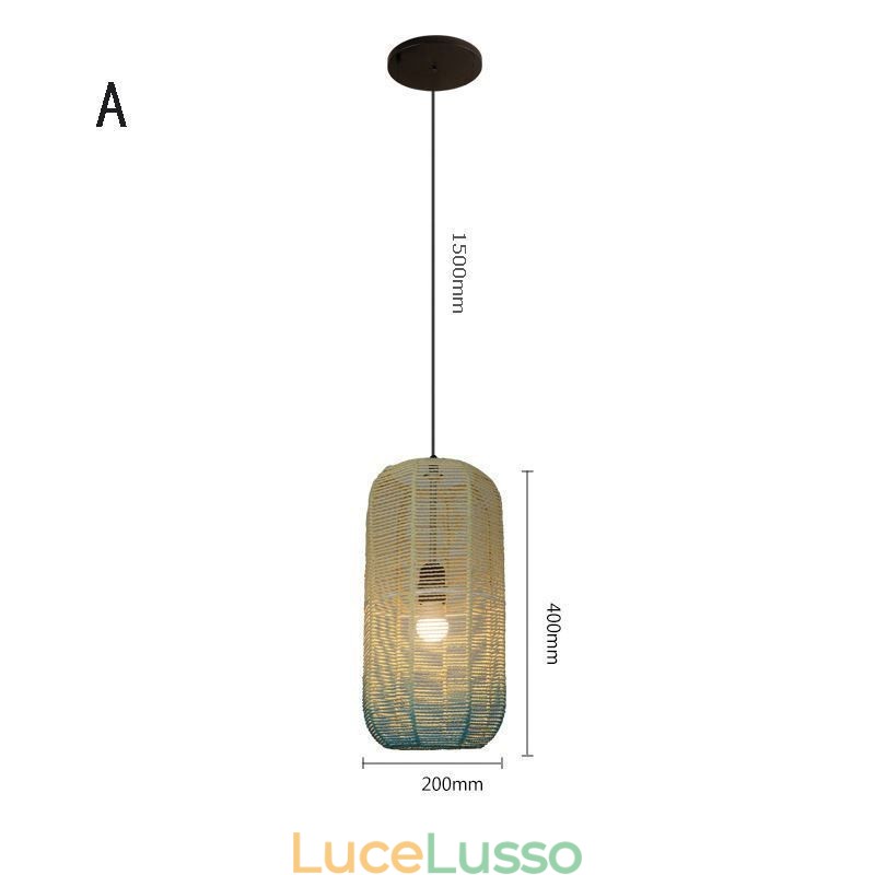 Lampada a sospensione in corda di carta, stile country retrò, lampada da soffitto blu sfumato