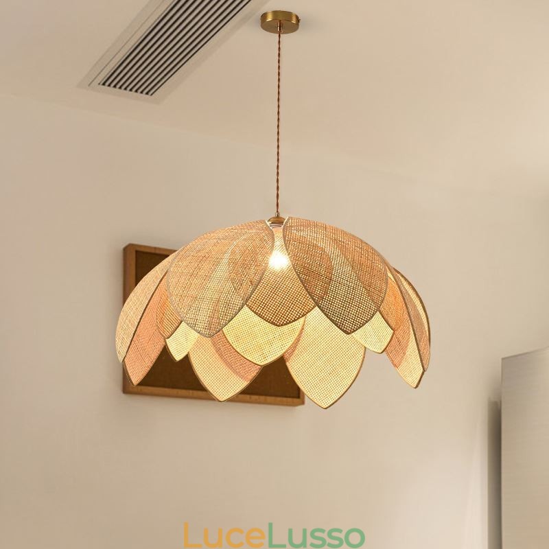 Lampada a sospensione Rattan Lotus Cafe Retro Lampada da soffitto in rattan artistico