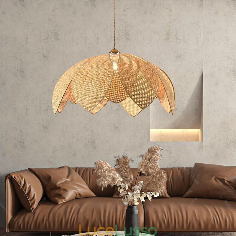 Lampada a sospensione Rattan Lotus Cafe Retro Lampada da soffitto in rattan artistico