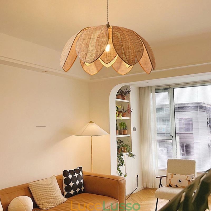 Lampada a sospensione Rattan Lotus Cafe Retro Lampada da soffitto in rattan artistico
