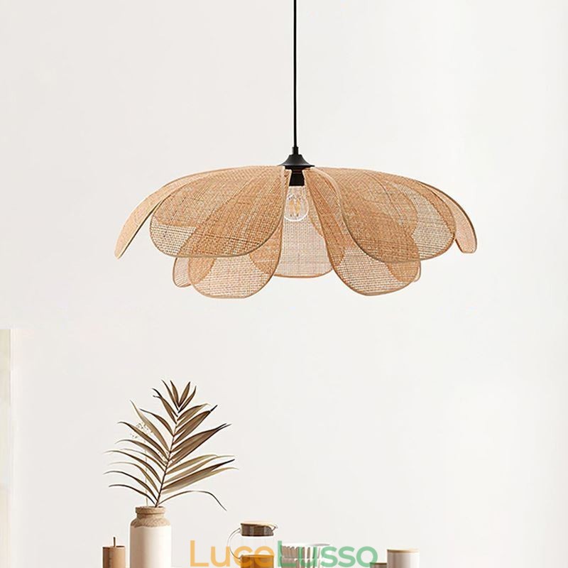 Lampada a sospensione Rattan Petal Wabi Sabi Style Lampada da soffitto in rattan intrecciato a mano