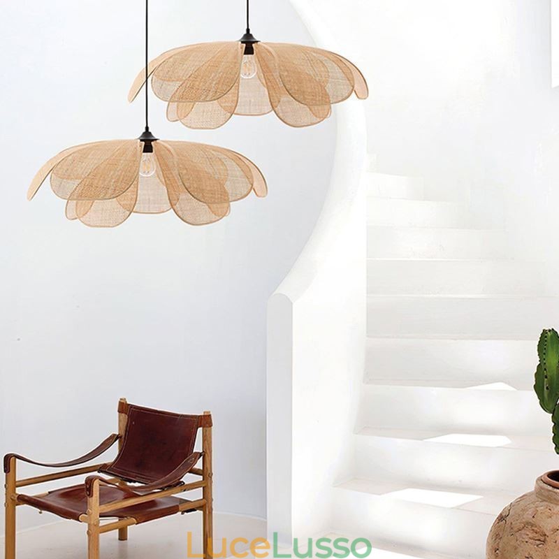 Lampada a sospensione Rattan Petal Wabi Sabi Style Lampada da soffitto in rattan intrecciato a mano
