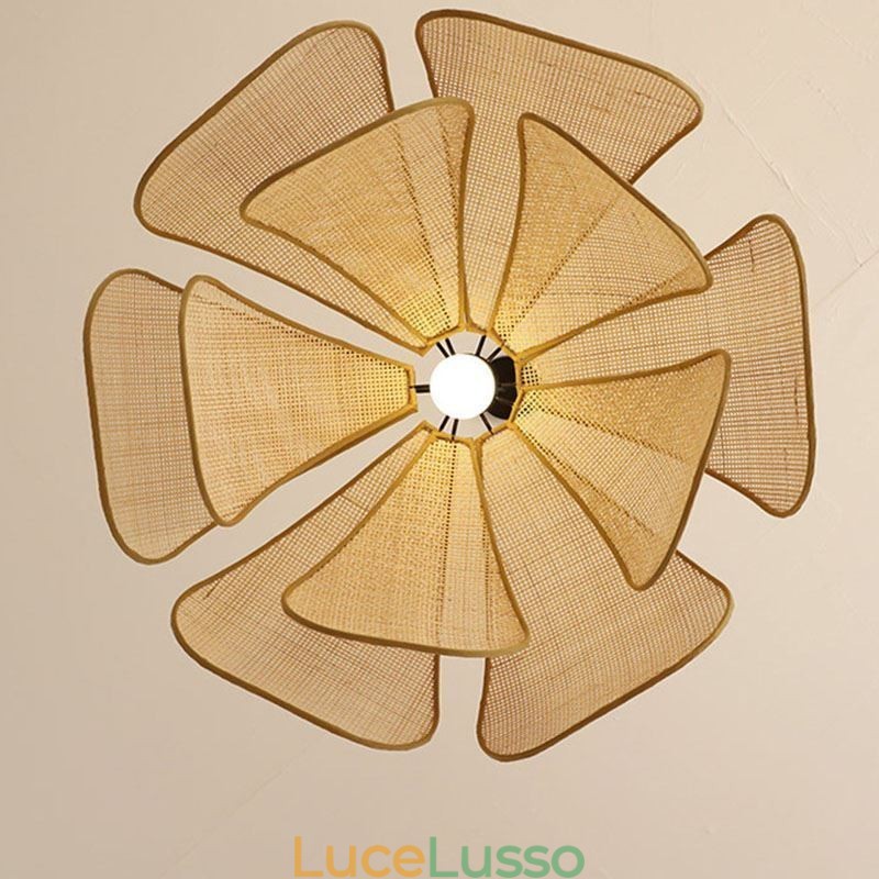 Lampada a sospensione Rattan Petal Wabi Sabi Style Lampada da soffitto in rattan intrecciato a mano