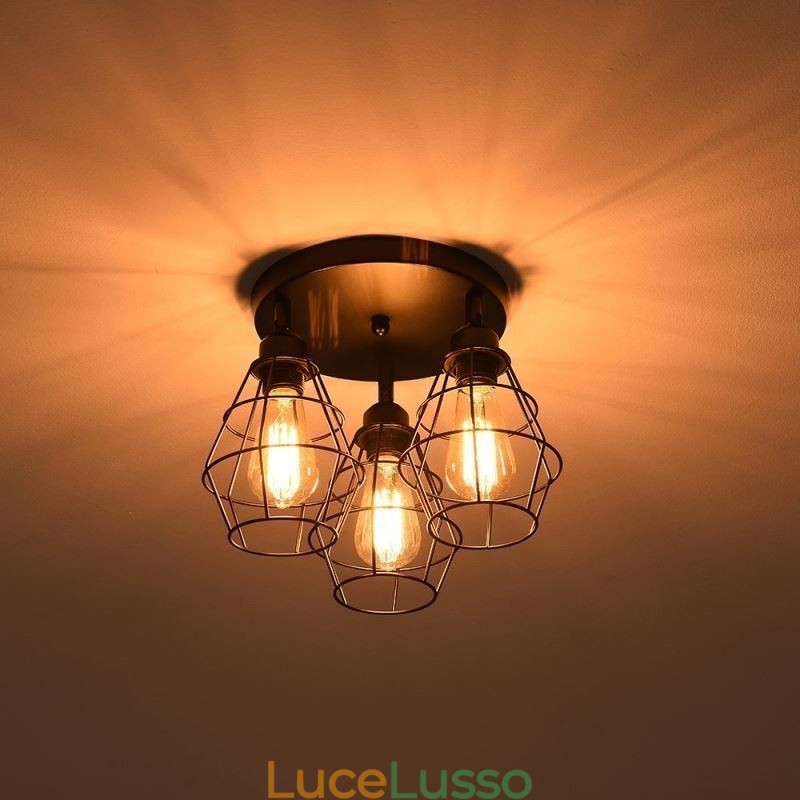 Lampada da soffitto industriale a filo con 3 luci, lampada da soffitto a gabbia in metallo