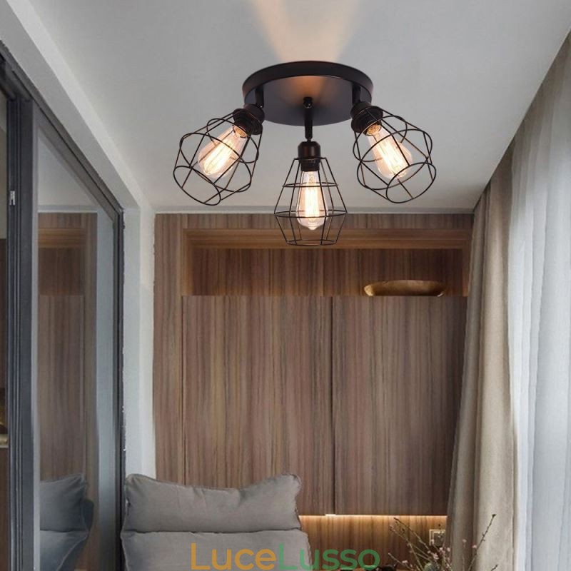 Lampada da soffitto industriale a filo con 3 luci, lampada da soffitto a gabbia in metallo
