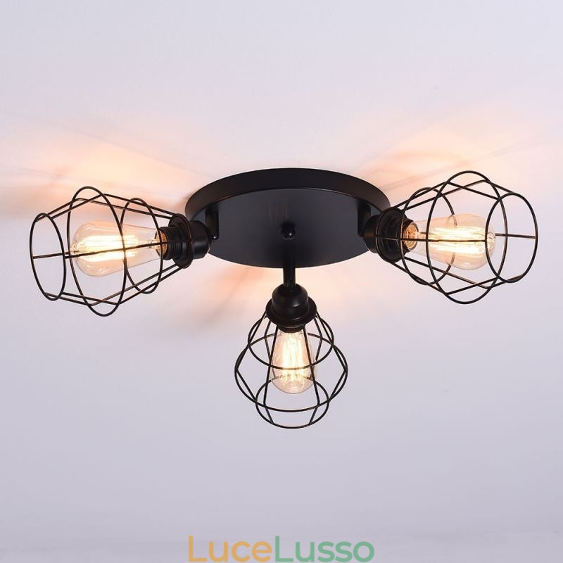 Lampada da soffitto industriale a filo con 3 luci, lampada da soffitto a gabbia in metallo